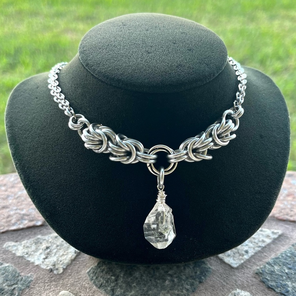 Genuine herkimer diamond maille choker necklace crystal quartz boho goth celtic